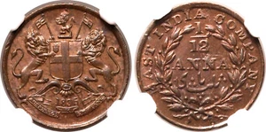 India Bengal presidency 1/12 Anna 1835 (M) Graded by NGC MS 65 RB - Picture 1 of 3