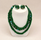 Vintage Czech Emerald Green Art Glass Beaded Multi Strand Necklace Earring Set