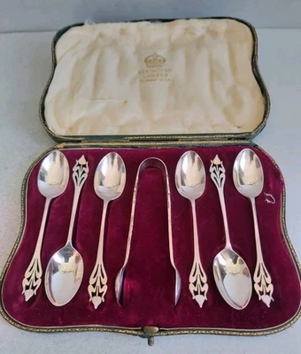 BUON SET 6 CUCCHIAINI DA TÈ ANTICHI IN ARGENTO MASSICCIO + PINZE.    BIRM. 1906 - Immagine 1 di 4