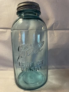 Antique #5 Ball Perfect Mason Blue Glass Half Gallon Canning Jar Zinc Lid 9.5" T - Picture 1 of 19