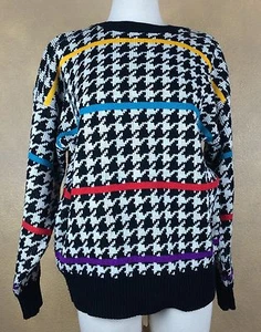 Izod Sweater Vintage Houndstooth w Colorful Stripes Acrylic Size M - Picture 1 of 7