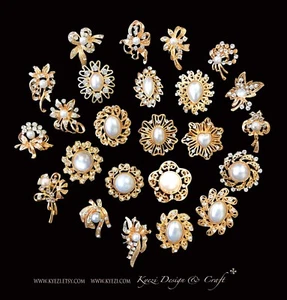 Broches de cristal con diamantes de imitación de perlas doradas de aleación surtidas de 24 piezas ramo de boda pastel - Imagen 1 de 7