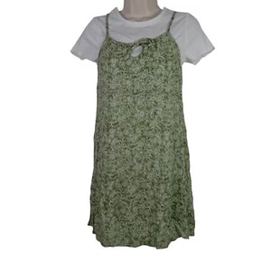 Evsie Green Floral Dress with Attached White Tee Girls Size L 11/12 Short Sleeve - Picture 1 of 9