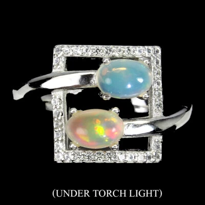 Anello In Argento Sterling 925 Con Opale Di Fuoco Ovale 6x4mm E Gemma Di Topazio - Immagine 1 di 4