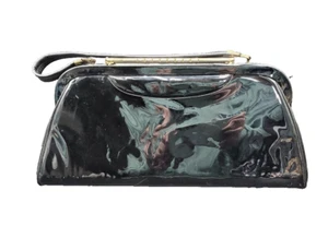 Vtg AETNA Black Patent Leather Handbag Purse Snap Clasp Closure - Picture 1 of 14