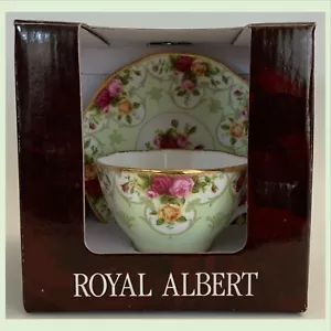 Set tazze e piattini da tè verde Royal Albert Rose Cameo - 2 pezzi - dettaglio oro - nuovi con scatola! - Foto 1 di 8