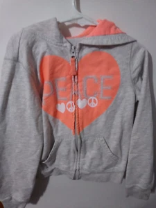 OLD NAVY M(8) GRAY & PEACH HOODED LONG SLEEVE FULL ZIP SWEATSHIRT "PEACE" #76D - Picture 1 of 2