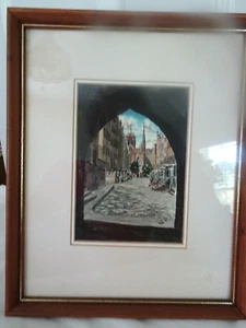 1989 Framed Print Signed by GYDANSK-POLAND-TOWN SQUARE-9" x 11"-Double Mat - Imagen 1 de 5