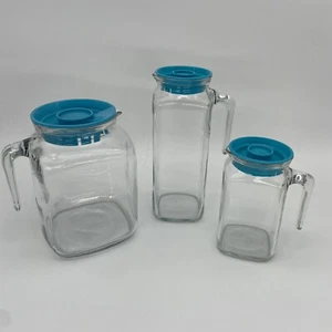 Bormioli Rocco Frigoverre Lg Med & Small Glass Pitchers Teal MCM Lids Set of 3 - Picture 1 of 19
