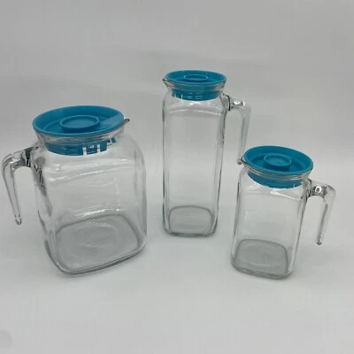Bormioli Rocco Frigoverre Lg Med & Small Glass Pitchers Teal MCM Lids Set of 3 - Image 1 of 4