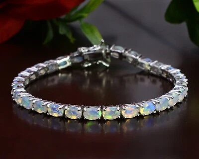 Brazalete Tenis Plata Sólida 925 Piedras Preciosas Corte Ópalo de Fuego Etíope Natural 6X4MM Foto 1 de 4