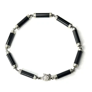 Schwarzer Nephrit Stab Gliederarmband Sterlingsilber 925 Vintage chinesisch 7,5 Zoll - Bild 1 von 9