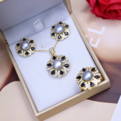 Conjunto de aretes + anillo + collar colgante AAA con incrustaciones de cristal de circón de perlas reales Foto 1 de 4