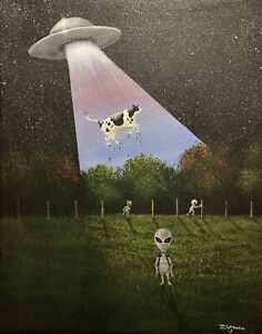 UFO Painting Alien Roswell X Files Abduction Area 51 Invaders Original Canvas