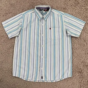QUIKSILVER Blue White Yellow Striped Short-Sleeve Button-Up Shirt Boys L 16-18 - Picture 1 of 17