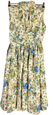 VINTAGE 1950s 1960s SUNDRESS S/M Ivory Floral CIRCLE SKIRT Button Full - Image 1 of 3