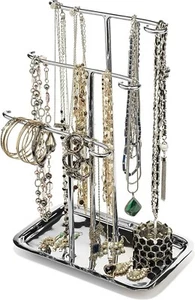 Silver Jewelry Organizer Tree & Tray for Necklaces, Bracelets, Rings -Three Tier - Picture 1 of 8