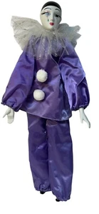 Vintage Pierrot Harlekin Clown Dynastie Puppe 18" Porzellan Satin Figur lila - Bild 1 von 16