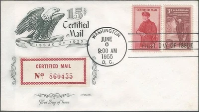 Scott FA1 FDC -15 cent - 1955 - Certified Mail with Scott 1064 - 3 cent - FDOI - Image 1 of 2