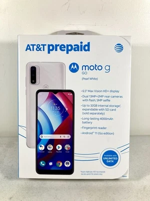 LOCKED TO AT&T Prepaid Moto G Go 6.5” 13MP 32GB Pearl White Smartphone BRAND NEW - Image 1 of 2