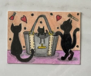 Aceo Original Art Trading Card, Black Cats, playing on purse Art By Sommer Rayn - Bild 1 von 3