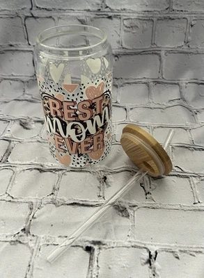 18 Oz “Best Mom Ever” Glass Tumbler With Bamboo Lid And Straw Peach/Brown/White - Image 1 of 4