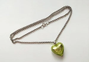 Sterling Silver Necklace With Green Foil Glass Bead Beaded Heart Style Pendant - Picture 1 of 5