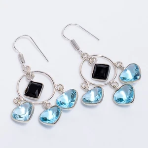 Blue Topaz Onyx Gemstone Ethnic Handmade 925 Sterling Silver Earrings 2.1" K316 - Picture 1 of 5