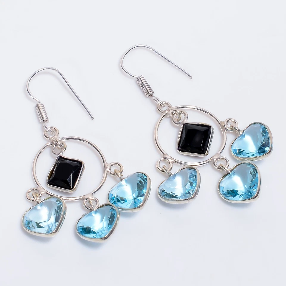 Blue Topaz Onyx Gemstone Ethnic Handmade 925 Sterling Silver Earrings 2.1" K316 - Image 1 of 4