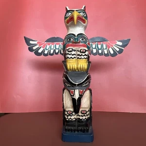 VTG Alaska Totem Pole – Hand Carved Wood 11″ Eagle Raven Tribal Native Style - Picture 1 of 11
