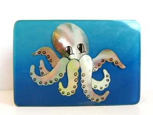 Kleine braune Holz Schmuckschatulle Abalone Oktopus Design blau Plexiglas Top 3"x2"x1,75" - Bild 1 von 8