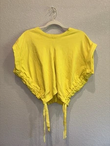 All Saints Designer gelbes gerafftes Seiten T-Shirt Bluse Top Damen L - Bild 1 von 3