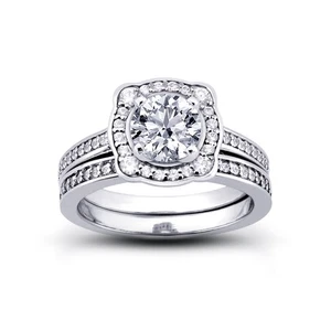 1.13ct H/VS2 Round Natural Certified Diamonds 14k Gold Halo Engagement Ring Set - Picture 1 of 4