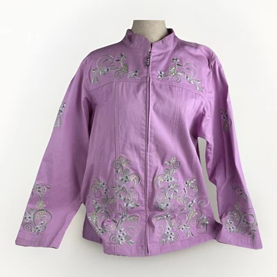 Quacker Factory Large Lilac Embellished Jacket Zip Floral Sequin Pockets A68107 - Image 1 of 4