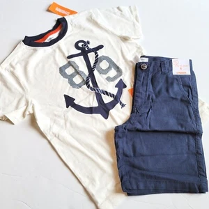 Gymboree Boys 8 "Fresh Catch "Anchor Tee Blue Linen Cotton Shorts Set NWT - Picture 1 of 2