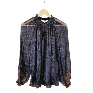 NWT Vanessa Bruno Small Meyer Blouse Keyhole Metallic Ruffle Navy Gold Sheer - Picture 1 of 14