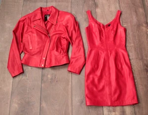 VTG Women's 80s Red Leather 2 PC Outfit 1980s Jacket & Dress Set North Beach XS - Picture 1 of 12