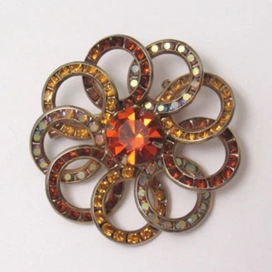 VINTAGE 60er MOD KRISTALL BLUMEN BROSCHE 9 RINGE GOLDEN METALLRAHMEN MEHRFARBIG - Bild 1 von 10