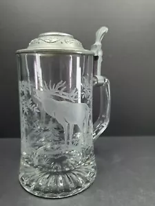 Beautiful Vintage German Glass Stein Zinc Lid Etched Deer - Picture 1 of 5
