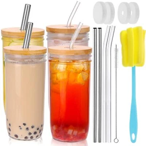 4pcs 20oz Glass Cups with Lids and Straws, Glass Iced Coffee Cups, Mason Jars... - Picture 1 of 7