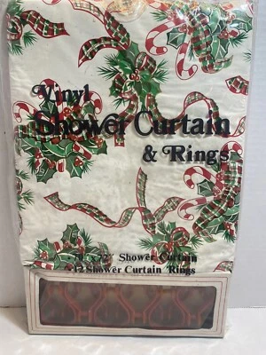 Shower Curtain Christmas Theme  Mistletoe Vinyl 70"x72" New Vintage - Image 1 of 4