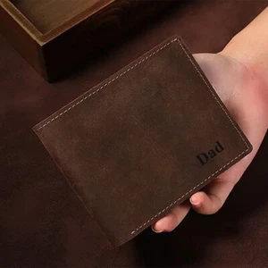 Personalised Mens Slim Leather Wallet Vintage Bifold Credit Card Brown Vintage - Picture 1 of 10