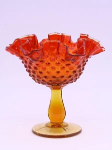 Fenton Hobnail Glass Candy Dish Amberina Pedestal Compote Ruffled Edge - Picture 1 of 13