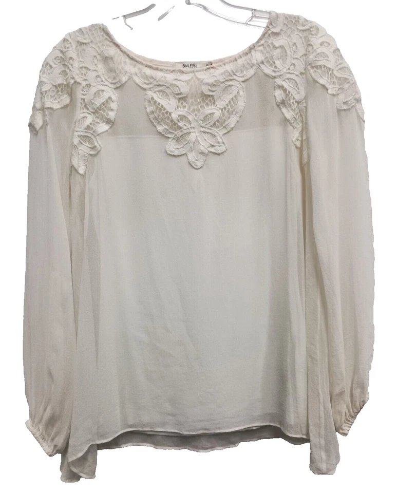 Blusa Top Bailey 44 Mujer Crema 100% Seda XS Encaje Yugo Manga Larga Globo Foto 1 de 4