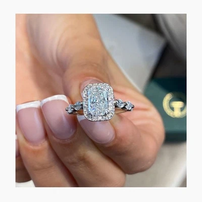 2 CT Radiant Lab Grown Diamond Halo Engagement Ring, 14K White Gold Ring Gift - Image 1 of 4