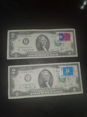 1976 bicentennial 2 dollar bills, stamped,( consecutive bill #'s) April 13th - Image 1 of 4