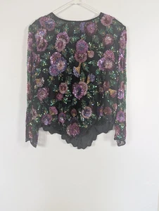 Lawrence Kazar Vintage Damen Seide Pailletten Perlen gefüttert Blumen Top 2X - Bild 1 von 9