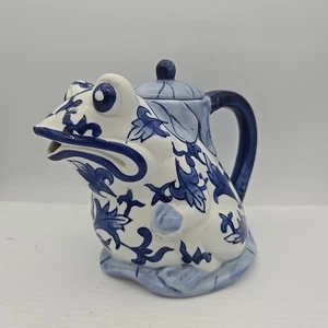 Vintage blau und weiß Keramik Frosch Teekanne 5,25" - Bild 1 von 4