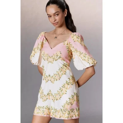 Farm Rio x Anthropologie V-Neck Puff-Sleeve Linen Romper Women's M Pink Tropical - Image 1 of 4