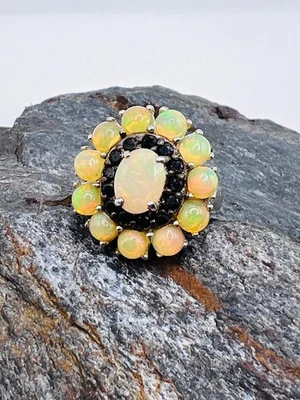 Anillo Tailandia Plata Esterlina 925 Ópalo de Fuego Etíope-Ónix Negro Talla 6 Foto 1 de 4
